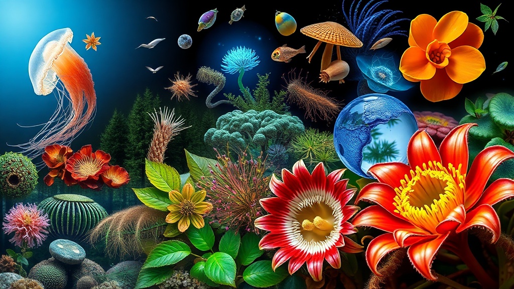 Diversas maravilhas naturais: água-viva, organismos bioluminescentes, árvores e planta carnívora.