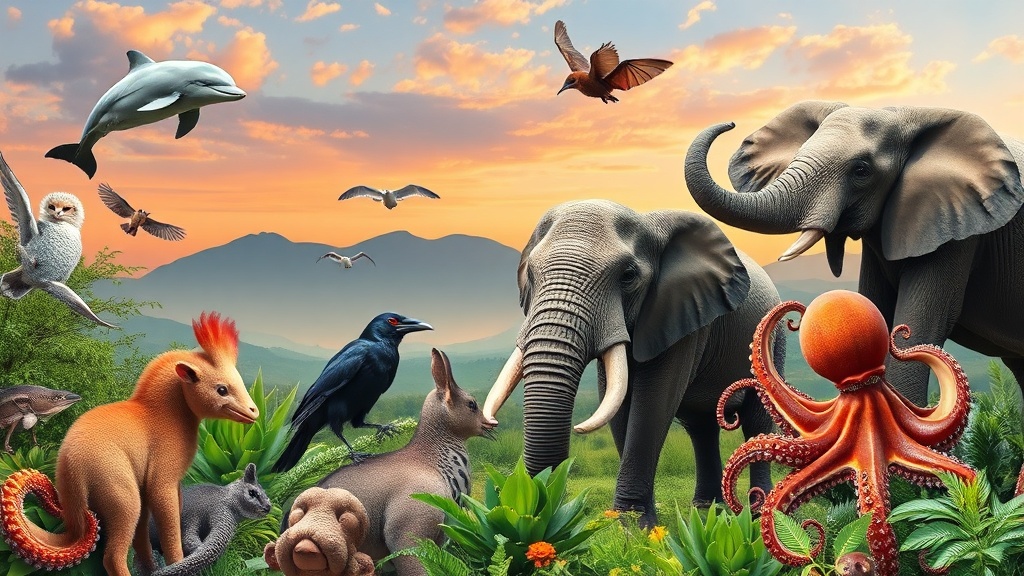 Diversidade da vida selvagem: golfinho, morcego, elefante, corvo e polvo