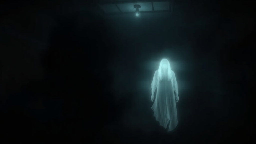 Cena misteriosa e mal iluminada com luz etérea, sugerindo atividade paranormal