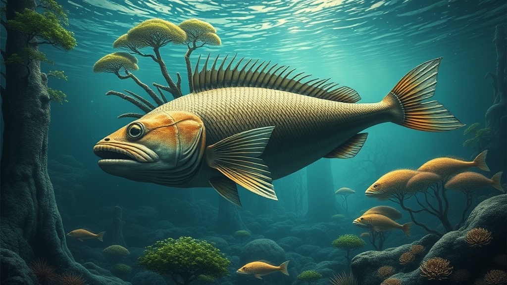 Fósseis Vivos: Espécies que Desafiam a Evolução Há Milhões de Anos 2 Ilustração de espécies marinhas antigas e uma floresta de Ginkgo Biloba, representando fósseis vivos