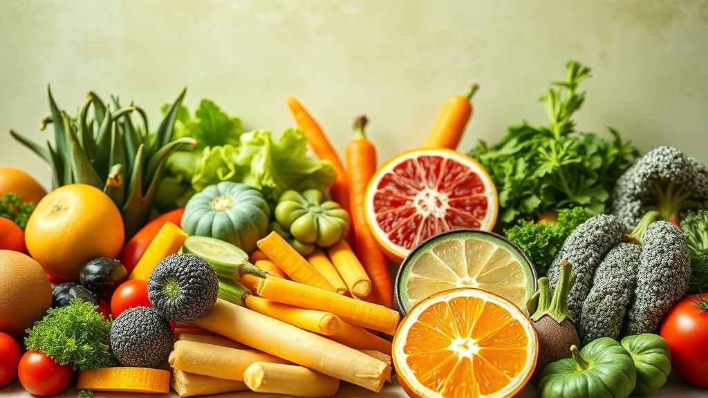 Diversos alimentos coloridos e exóticos em arranjos criativos, ilustrando a riqueza da alimentação.