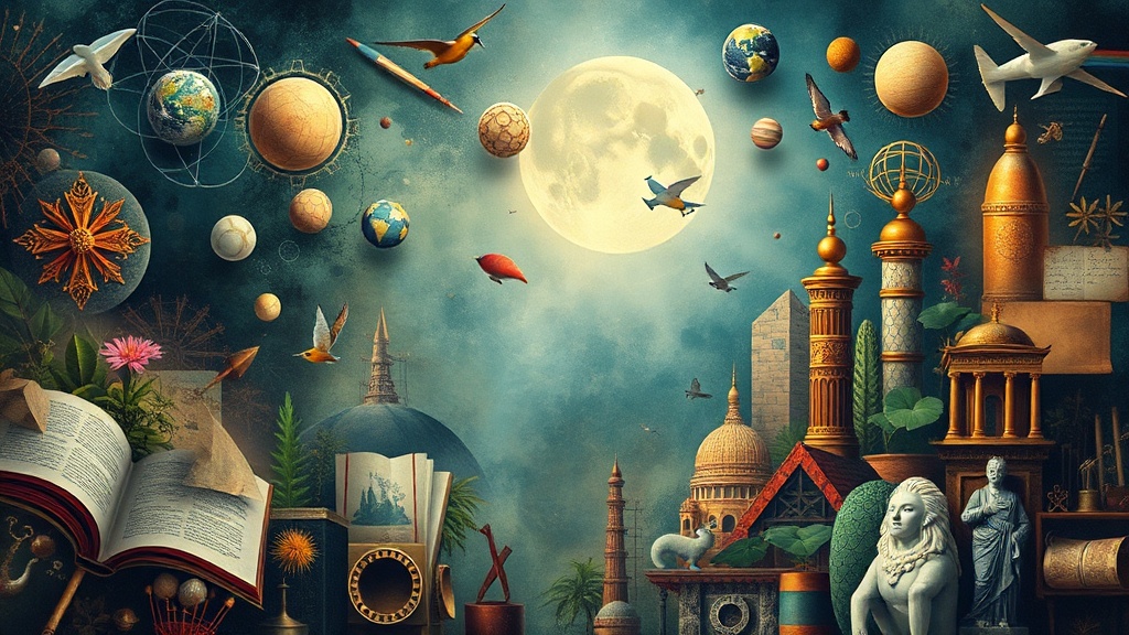 Capa de curiosidades do mundo, com elementos abstratos de natureza, ciência e história.